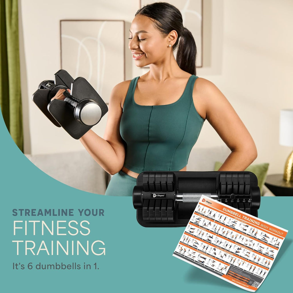 Lifepro Adjustable Dumbbells Set – 15lb, 25lb Pair or 43lb, 55lb & 90lb Single – Quick Adjustment, Anti Slip Handle – Space Saving & Strength Training Weights for Home Gym Exercise & Fitness