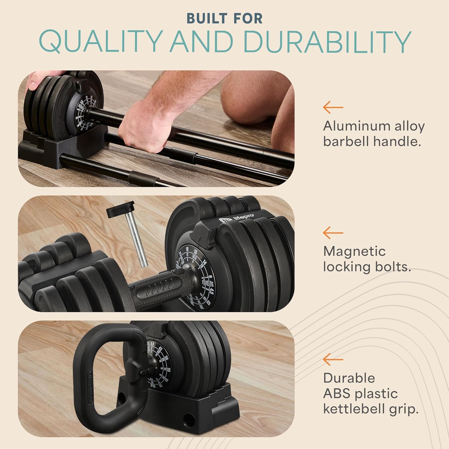 Lifepro Adjustable Dumbbells Set – 15lb, 25lb Pair or 43lb, 55lb & 90lb Single – Quick Adjustment, Anti Slip Handle – Space Saving & Strength Training Weights for Home Gym Exercise & Fitness