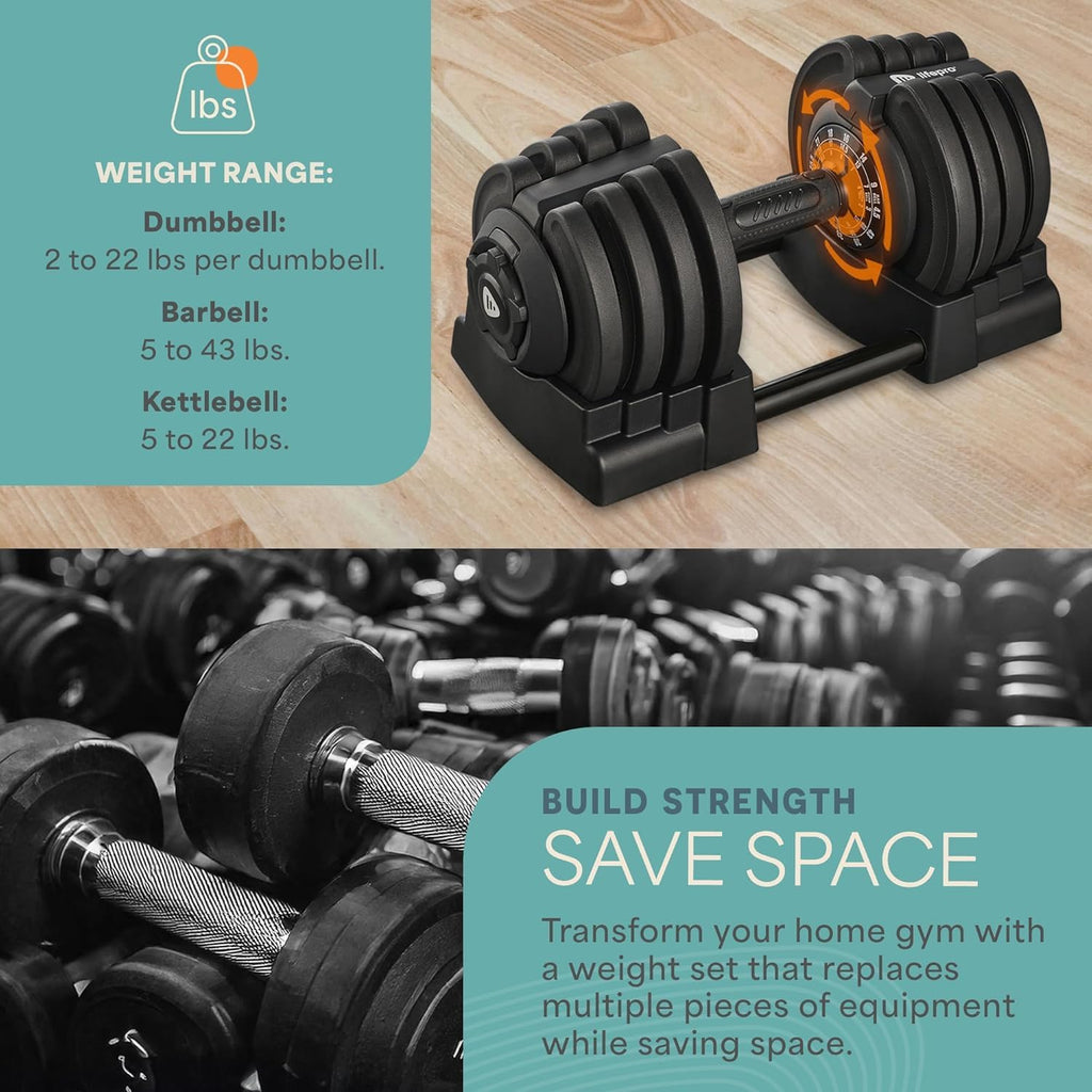 Lifepro Adjustable Dumbbells Set – 15lb, 25lb Pair or 43lb, 55lb & 90lb Single – Quick Adjustment, Anti Slip Handle – Space Saving & Strength Training Weights for Home Gym Exercise & Fitness