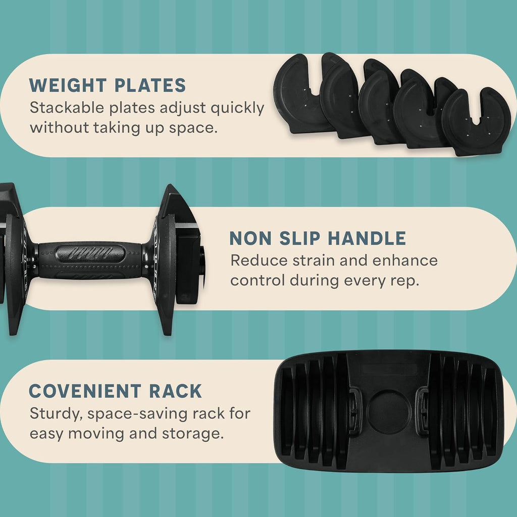 Lifepro Adjustable Dumbbells Set – 15lb, 25lb Pair or 43lb, 55lb & 90lb Single – Quick Adjustment, Anti Slip Handle – Space Saving & Strength Training Weights for Home Gym Exercise & Fitness