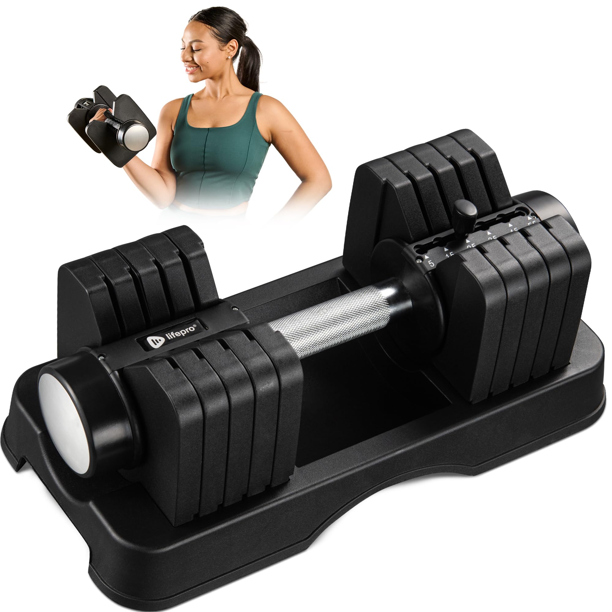 Lifepro Adjustable Dumbbells Set – 15lb, 25lb Pair or 43lb, 55lb & 90lb Single – Quick Adjustment, Anti Slip Handle – Space Saving & Strength Training Weights for Home Gym Exercise & Fitness